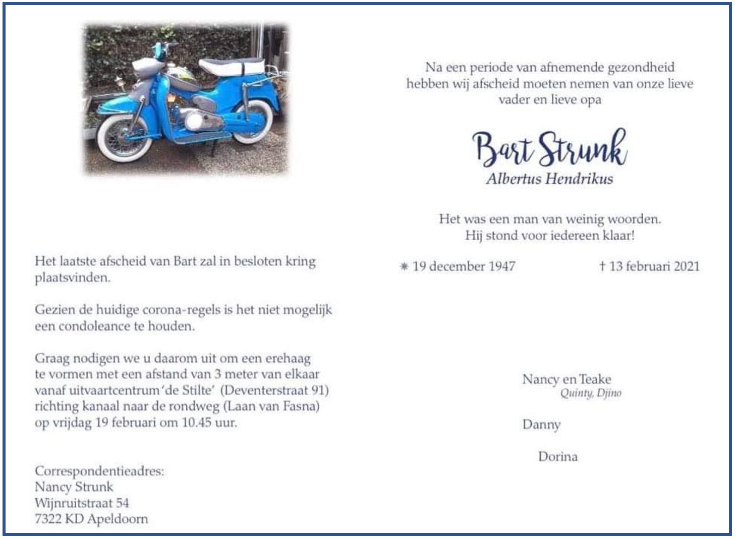 Overlijden Bart Strunk